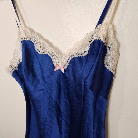 Vintage Victorias Secret 90s Y2K Blue White Lace Trim Slip Dress - Picture 4 of 7